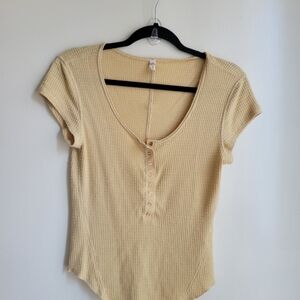 Free People Beige Ribbed Short Sleeve Top